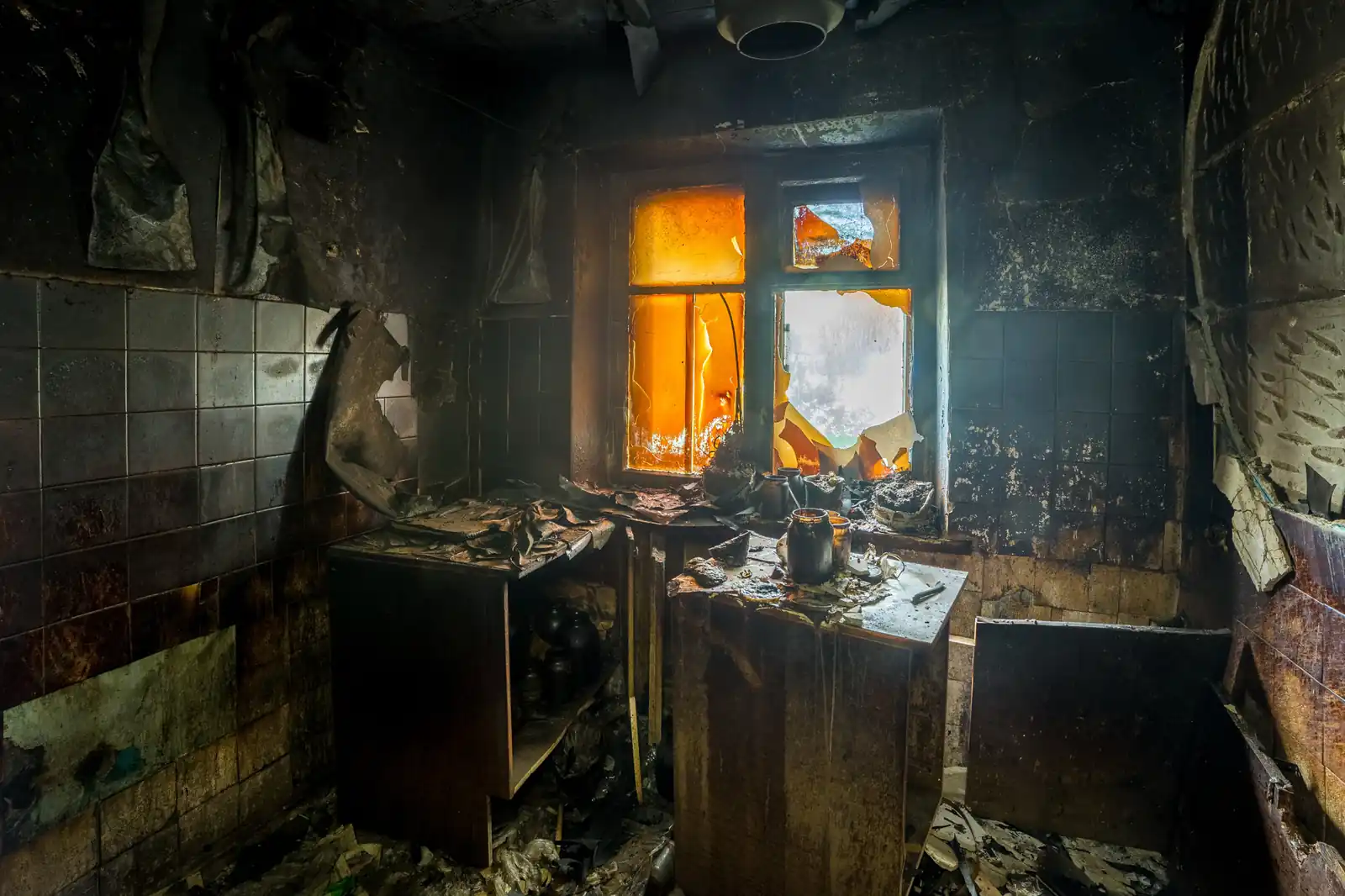 Fire damage restoration crew responding to a house fire in San Diego, CA near 92102